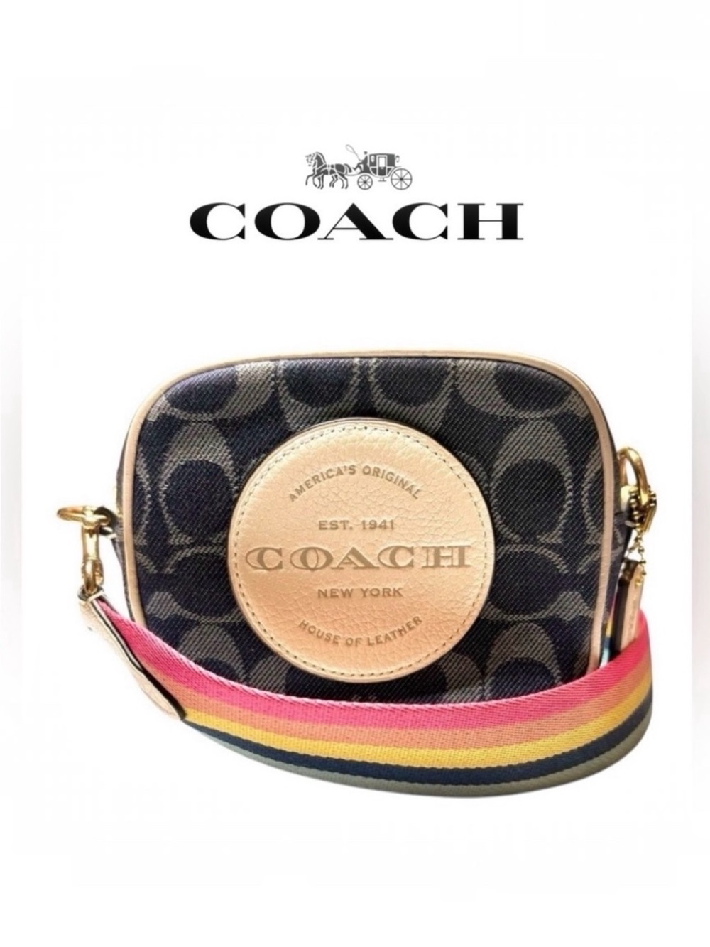 Coach Mini Dempsey Camera Bag in Signature Denim with Rainbow Web Strap